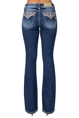 Miss Me Women's Mid-Rise Bohemian Pattern Embellished Bootcut Jeans with Faux Flap Pockets