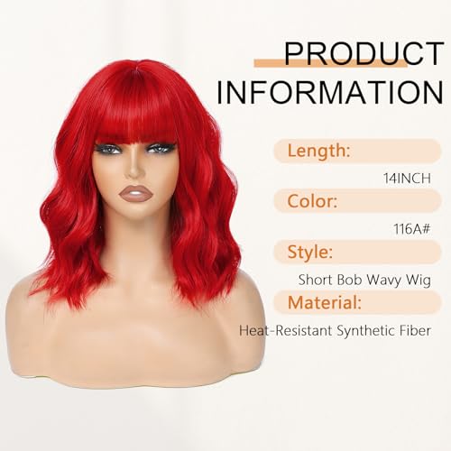 Image of AGO Red Wigs Short Wavy Hair with Bangs Curly Bob Wig Shoulder Length 14Inch Synthetic Hair for Women Girl Colorful Wig Heat Resistant Fiber Hair for Daily Party Halloween Cosplay Use(116A#DarkRed)