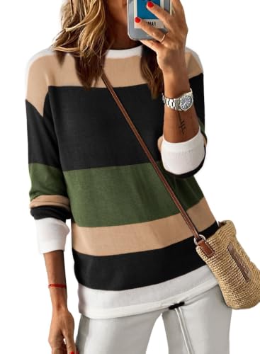 Womens striped crewneck sweater with drawstring