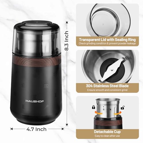 Image of HAUSHOF Electric Coffee Grinder, One Touch Coffee Bean and Spice Grinder | Coffee Grinders for Home Use, Grinder for Beans, Spices, Herbs and Seeds with Stainless Steel Grind Blade, Dry Grinder-Black