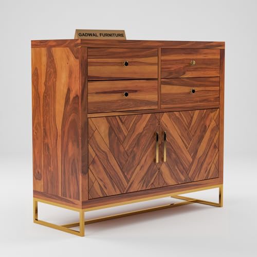 Image of Solid Sheesham Wooden Sideboard Cabinet with 4 Drawer & 2 Shelves - Chest of Drawers Wooden Drawer Storage Cabinet for Bedroom Living Room Storage (Owan, Honey Finish)