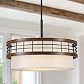 18" Drum Chandelier, 3-Light Modern Farmhouse Chandelier, Large Black and Wood Texture Pendant Light Fixture for Dining Room Kitchen Island Foyer Entryway Bedroom