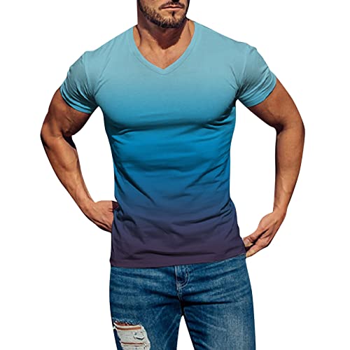 Camiseta para hombre, degradado de color, cuello en V, manga corta, informal, urbana, elegante, 2024, deportiva, camiseta de ocio, camiseta deportiva para hombre, azul claro, XXXL
