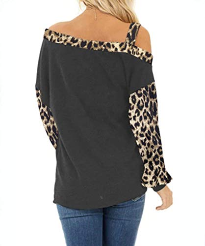 Josusy Womens Long Sleeve Off Shoulder Leopard Print Tops Casual Loose Blouse Tee Shirt Sweatshirts Medium Grey #TOP1