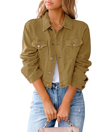 utcoco Women's Cropped Jean Jacket Long Sleeve Casual Button Down Denim Jacket (Large, Khaki)