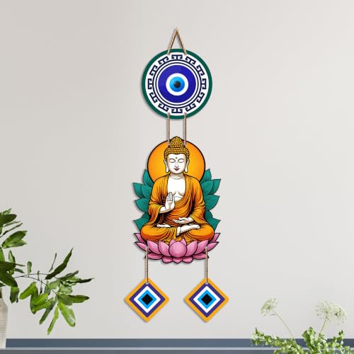 Image of Artvibes Buddha Lotus Meditation Wall Hanging with Evil Eye Charms | Spiritual Decor for Yoga & Prayer Spaces | Decorative Wooden Hanging Ornament for Living Room | Positive Energy Wall Art (WH 8598N)
