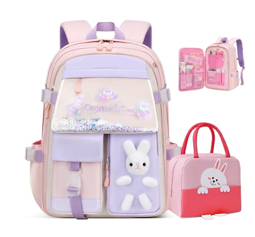 2PCS Kawaii Backpack Set with Lunch Bag,17.7inch Bunny Backpacks for Girls Large Capacity Aesthetic School Bag Cute Bookbags with Beaded Quicksand Pocket & Rabbit Doll,Pink