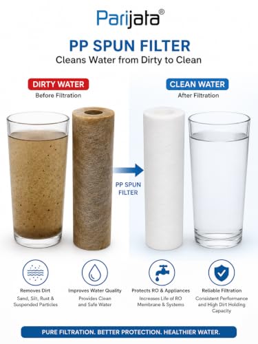 Image of Parijata 10 inch Heavy Quality White Pre-Filter Housing with Spun PP Filter, Clamp & Elbow Connector 1 /4 inch for ro Water Purifier, 5 Micron Sediment Filter (White Prefilter+Spun Filter 128gm)