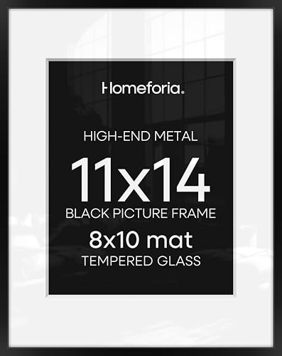 Image of Homeforia Black 11x14 Picture Frame, High End Metal 11x14 Poster Frames with Mat 8x10, 11 x 14 Black Frame Matted to 8 x 10 inch Photo, 11 by 14 Thin Hanging Frames, Tempered Glass, Wall Kit, Set of 2