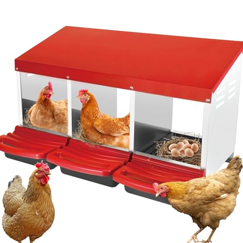 Chicken Nesting Boxes - 3 Hole Metal Roll Away Nesting Box for Laying Eggs, Heavy Duty Chicken Coop Nest Box with Perch & Egg Collection, Rust-Proof Poultry Nesting Box (Red)