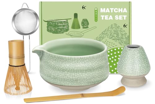 MUEZDUR Matcha Set, Matcha Besen, Matcha Schale mit Ausgießer (Chawan), Matcha Tee Set für die Zubereitung von Milchkaff...