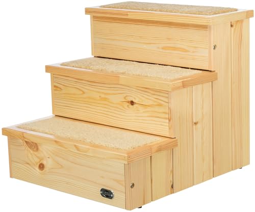 TRIXIE Wooden Dog Stairs with Nonslip Carpet - 3 Step Pet Stairs for Beds and Couches - with Additional Storage Space - in Natural
