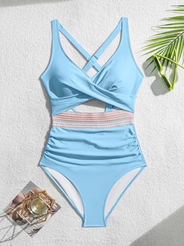 Image of B2prity Women's One Piece Swimsuit Tummy Control High Waisted Bathing Suit | Color Block,Removable Soft Cups,Cutout,V neck,Full Coverage,Adjustable Criss Cross Straps,Tie Back