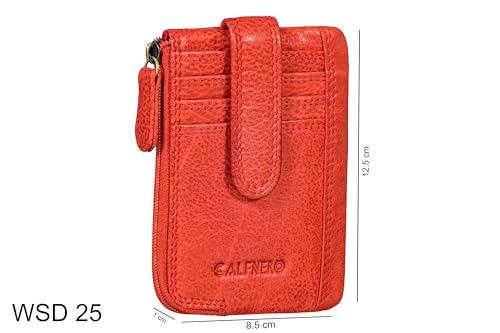 Image of Calfnero Genuine Leather Card Holder & Key Case for Men & Women | Slim Wallet with Zipper Pocket, Card Slots & Key Chain | Compact Travel Organizer (Light Red)
