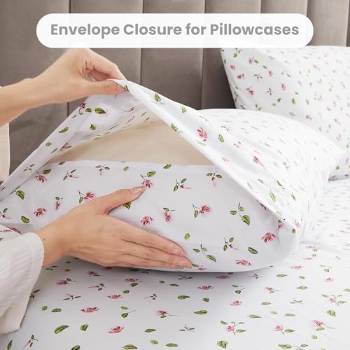 Image of Mooreeke Queen Sheets Set - 4 Pieces Soft Breathable Microfiber Bed Sheet Set - Pink Flower Green Leaf Pattern Sheet Set - Deep Pocket Non-Slip Floral Printed Fitted Sheet Included for All Season