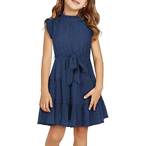 blibean Girl Short Sleeve Dress Tween Kid Summer Boho Ruffle Dresses Preteen Tiered Swing Outfit Solid Flowy Formal Party Fancy Clothes Size 12-13 Years XX-Large Dark Blue Cover
