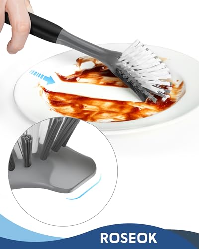Image of ROSEOK Dish Brush, Dish Scrubber, Nylon Bristles with Built-in Scraper | For Cleaning Dishes, Pots, Non-Stick Pans and Sinks, Black, 2 Pack