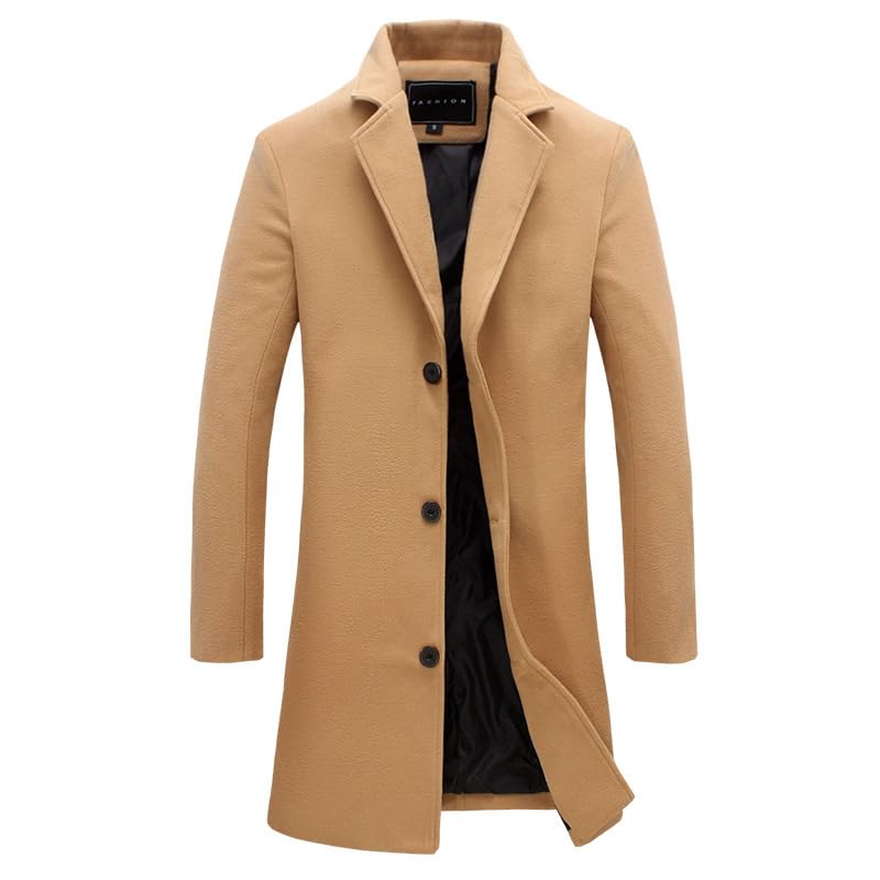 Gabardina para hombre, mezcla de lana de un solo botonadura, abrigo clásico con bolsillos, caqui, 3XL