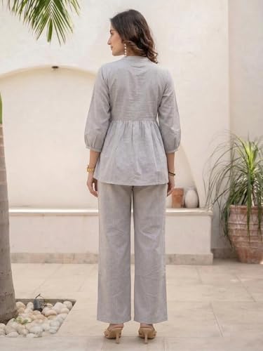 Image of TAGDO Co Ord Set for Women Stylish | Linen Kurta Set for Women | Mandarin Neck & Button Kurti Tops with Straight Fit Pants | Casual, Office & Travel Wear Two-Piece Outfit (2062)