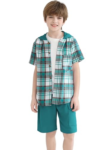 Image of Boys Clothes Shorts Sets Plaid Short Sleeve Hooded Button Shirt and Jogger Shorts for Kids Summer Outfits