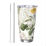 Mexpekil Isolierter Becher mit Strohhalm und Deckel, Edelstahl, Eiskaffeetasse, Wildblumen, Gräser, Schmetterlinge, auslaufsicher, Reisebecher, Thermowasserflasche, Geschenk für Damen und Herren, 590