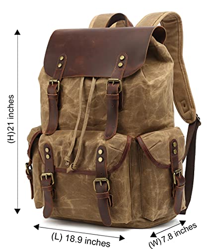 Image of HuaChen Vintage Waxed Canvas Backpack with Genuine Leather Flap, Travel & Work Rucksack, Water-Resistant Daypack with Anti-Theft Pocket, OVERSIZE - M80 Khaki XL