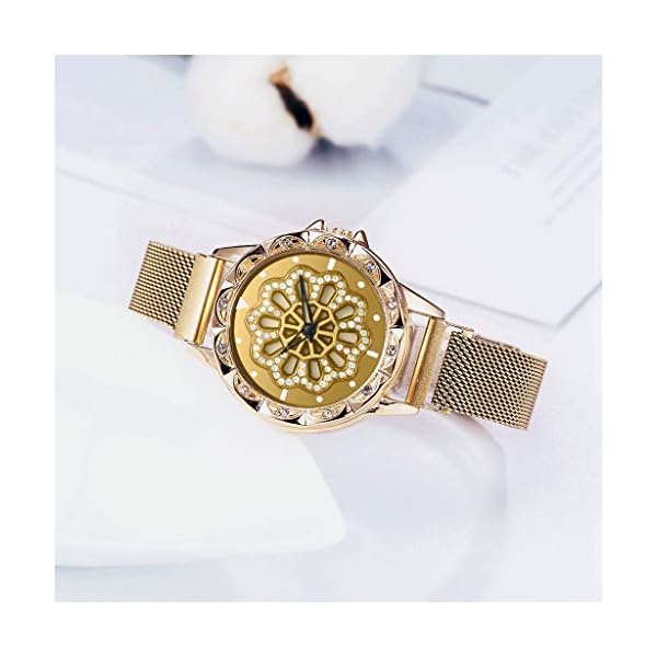 TWISFER Armbanduhr Frauen Analog Quarzuhr Edelstahl Mesh Armband 360 Rotation Drehen Uhr Blumen Uhr Damen Diamant Deko Damen Sternenhimmel Uhr Glitzer Modische Uhren Damen – Bild 3