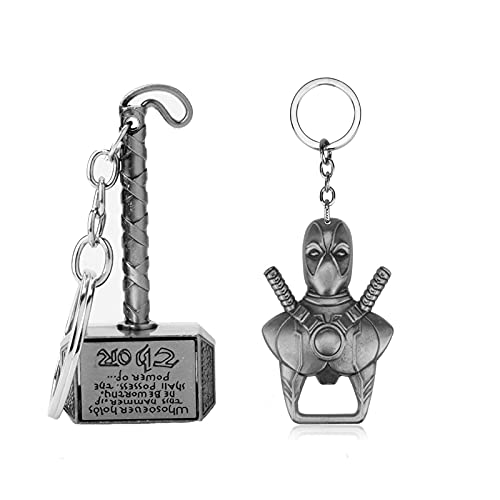 WF FASHION 2 Pack Keychain Bottle Opener, Thor's Hammer and Deadpool Beer Opener Keychain Gifts for Men and Women