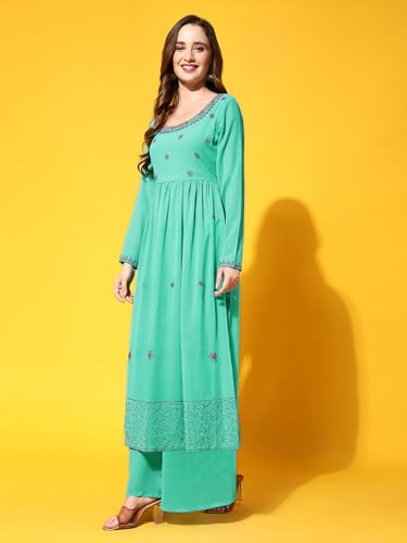 Image of PH POSHAKHUB Women A-Line Nyra Cut Kurta with Sharara in Georgette with Aari Work