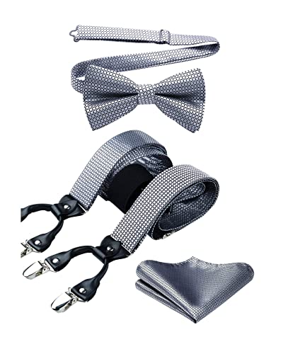 HISDERN Hosenträger Herren Grau Fliege und Hosenträger Set Herren Kariert Hochzeit Klassische Hochzeit Einstellbar Y Form mit 6 Clips Extra Stark Braces