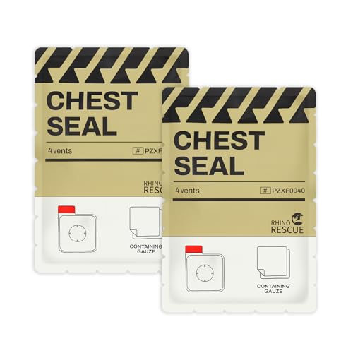 RHINO RESCUE Vented Chest Seal 4 Vents Sterile Emergency Trauma Dressing Occlusive Adhesive Pad IFAK Trauma Refill Medical First Aid Supplies for Wound Care Gunshot Wound Sucking Chest(2 Count)