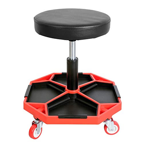 Image of Big RED ATRXF8308R Torin Heavy Duty Pneumatic Garage Rolling Stool /Creeper Seat with Removable Plastic Tray, 300 lb Capacity, Black /Red