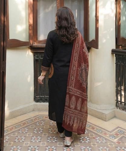 Image of ANNI Designer Women's Rayon Viscose Straight Embroidered Kurta with Pant and Dupatta | V-Neck Kurti Set | 3 /4 Length Regular Sleeves | Soft Comfortable Fabric | 3 Piece Outfit
