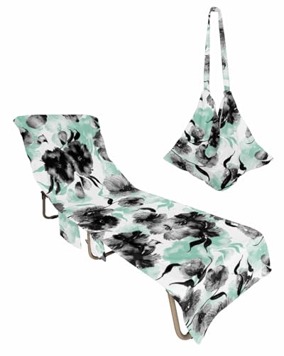 Teal Botanical Beach Lounge Chair Towel Cover, Soft Chaise Lounge Towel with Side Pockets Patio Pool Chairs Cover for Beach/Pool Sunbathing 29x85 Watercolor Black Spring Summer Floral Elegant