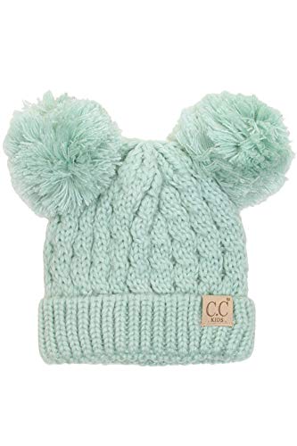 JINS CLOSET Children Kids Girl Boy Ages 2-7 Knitted Chunky Thick Stretchy Solid Color Pom Pom Beanie (Mint)