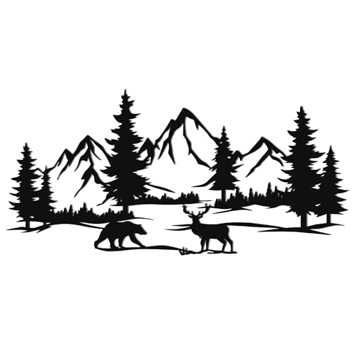 Slickss Bear and Deer Metal Wall Art, Mountain Forest Metal Wall Decor - Woodland Rustic Animal Scene for Living Room, Cabin, Lodge, Bedroom (14.8" x 7.2")