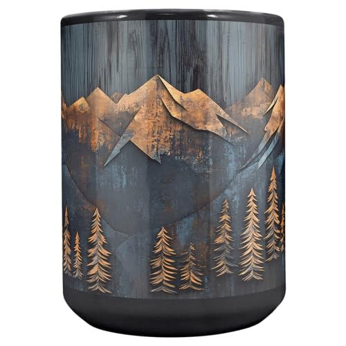 Taza de cerámica negra 15 oz diseño montaña y bosque miniatura 4