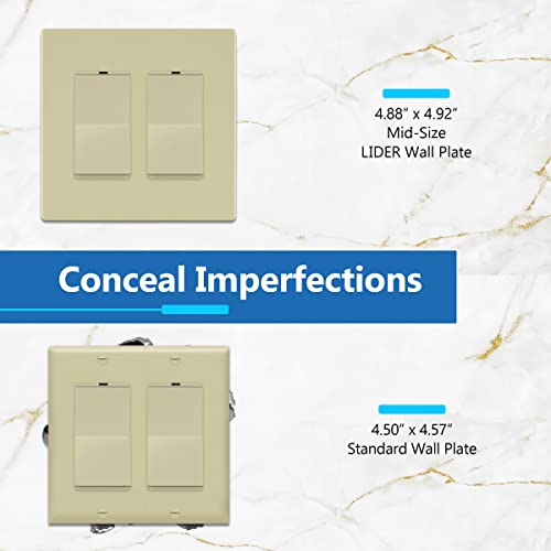 Image of LIDER Double Decorator Switch Cover, Screwless Wall Plate, Mid-Size 2-Gang 4.88 inch x 4.92 inch, LSWP-32M-I10P, UL Listed, Thermoplastic, Matte Ivory, 10-Pack