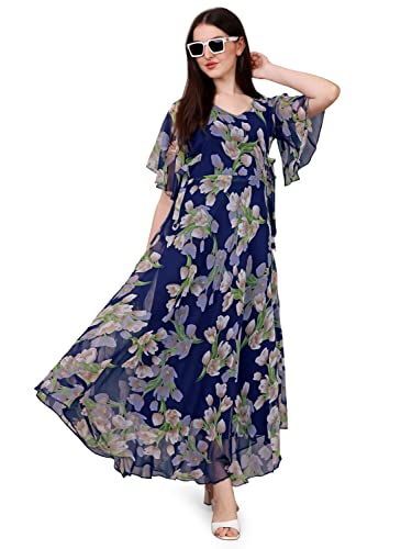 Image of Fashion2wear Women's Georgette Floral Digital Print Short Sleeve Full-Length Fit & Flare Long Gown Dress for Girls (LN-X9TQ-MN1D)
