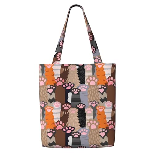 Cute Cat Paw Cats Canvas Tote Bag Aesthetic For Women, Reusable Tote Shoulder Bags For Vacation, Shopping, Work, Grocery