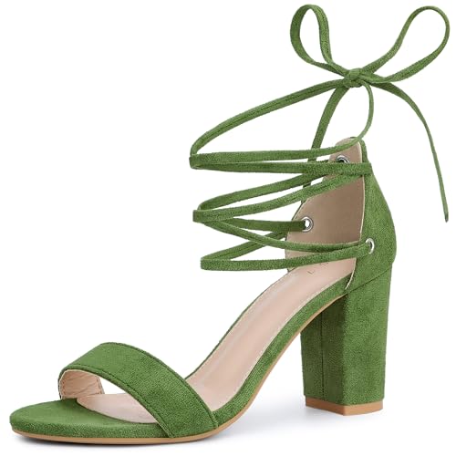 Allegra K Women's Tie Up Strappy Heels Chunky High Heels Olive Green Sandal 8 M US