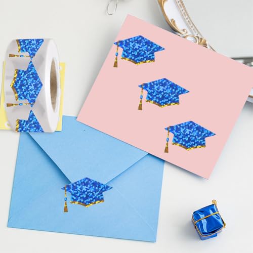 Image of 500Pcs Graduation Cap Stickers Roll 1.2in Glitter Grad Stickers Blue with Gold Rim Label Tag Self-Adhesive Classroom Reward Waterproof Decals for Envelope Bottle Decor
