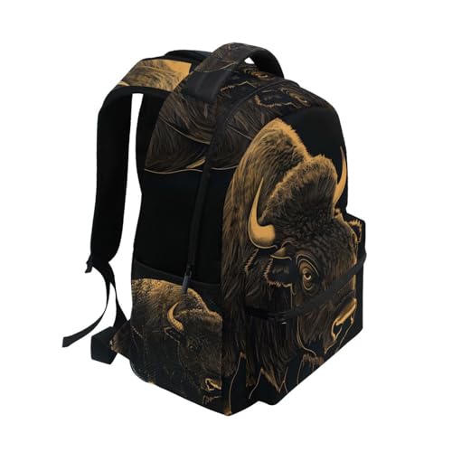 Kids Travel Backpack Golden Line Bison Print Large Capacity School Bag with Name Tag S2