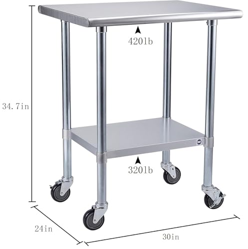 Image of ROCKPOINT Stainless Steel Table for Prep & Work with Caster Wheels 24x30 Inches, NSF Metal Commercial Kitchen Heavy Duty Table with Adjustable Under Shelf and Table Foot for Restaurant, Home and Hotel