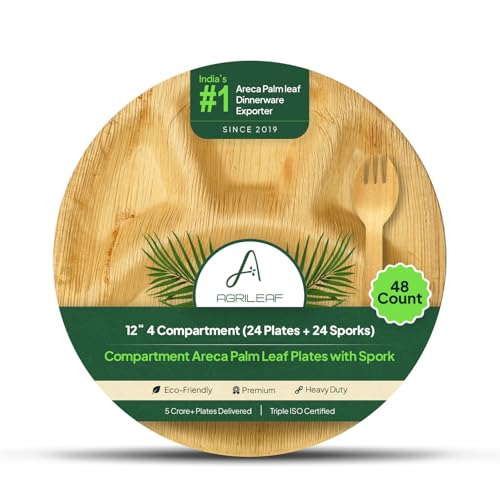 Image of 12 inch 4 Compartment Areca Palm Leaf Plates with Spork | 48 Pack (24 Plates + 24 Sporks) | Eco-Friendly, Compostable, Strong & Sturdy | Use & Throw Dinnerware for Party, Wedding, Events