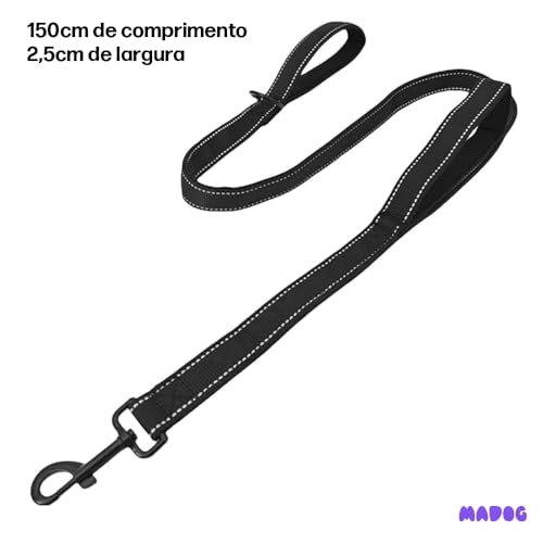 Guia Longa 1,5m Passeio Pet Cachorro com Duas Alças Curta e Longa MADOG Preto
