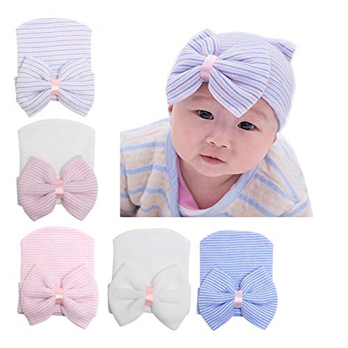 Aijian Newborn Hospital Hat Infant Baby Hat Cap with Big Bow Soft Cute Knot Nursery Beanie (5 Pack Bow Knit Ribbon / 0-3 Month)