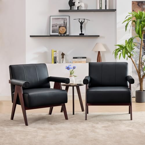 STHOUYN Black Leather Accent Chairs Set of 2, Mid Century Modern Accent Chair, Side Arm...