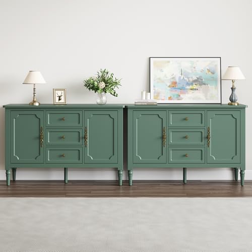 Image of FansaFurn Green Storage Cabinet, Mid-Century Buffet Cabinet with 2 Doors & 3 Drawers, Accent Sideboard Cabinet with Adjustable Shelves & Turned Legs, Great for Entryway, Living Room, Dining Room