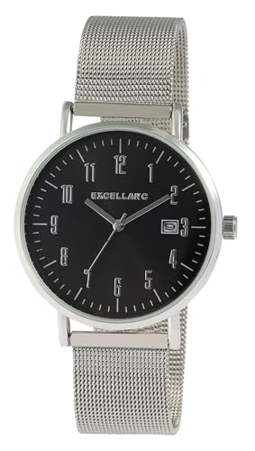 Excellanc Montre analogique à quartz pour homme en acier inoxydable avec bracelet en maille milanaise Noir/argenté, Noir
